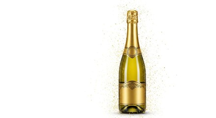 A gold champagne bottle stands prominently amidst scattered golden particles