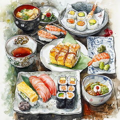 watercolor of Japanese food, illustration