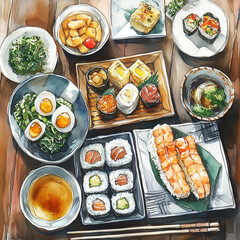 watercolor of Japanese food, illustration