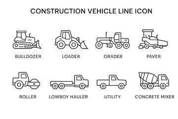 Construction Vehicles Line Icons Set – Bulldozer, Loader, Grader, Paver, Roller, Hauler, Utility Truck and Concrete Mixer