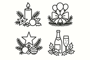 Christmas and New Year Celebration Icons Set – Candle, Decorations, Champagne and Holiday Symbols