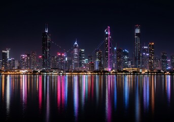 Obraz premium Modern city skyline illuminated at night, creating a beautiful, colorful reflection on the calm water's surface.