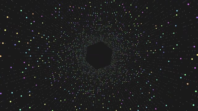 An intricate spiral mosaic of dots in random arrangement on a black background. The dots form a chaotic yet intriguing pattern, spiraling out from a dense center to sparse outer edges