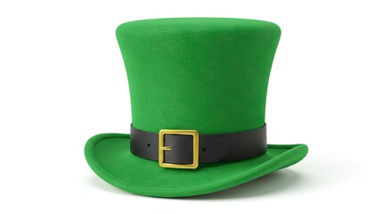 A green felt leprechaun top hat with a black band  gold buckle rests on a white surface