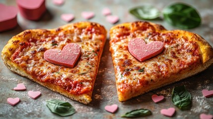 Two pieces of pepperoni pizza with hearts. Pepperoni pizza, mozzarella. Italian pizza. Romantic date in a restaurant. Valentine's Day. Love card template.