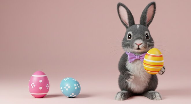 A gray rabbit with a bow tie holds a yellow striped egg next to two polka dot eggs on a pastel background