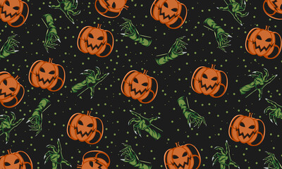 Dark seamless pattern with creepy green zombie hands with sharp claws and grinning jack-o'-lantern pumpkins, scattered on a black background with green dots, perfect for spooky designs.