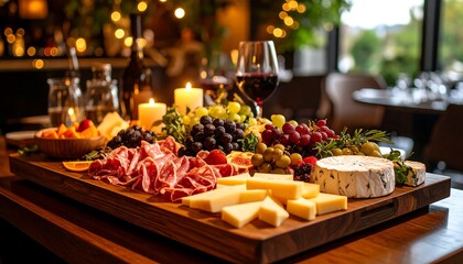 Elegant charcuterie board with wine, cheese, and fruit creates inviting atmosphere