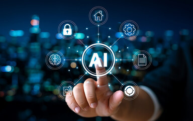 Fingertip touches AI hub connecting to various digital services and icons against a blurred city background.
