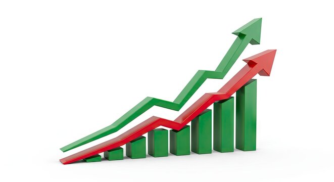 Chart showing growth green line outpaces a red line over a green bar graph on a white background