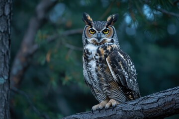 Great horned owl perched on a tree branch in the dark forest, looking intently at the camera with piercing yellow eyes