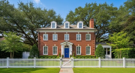Charming Red Brick Colonial Home with White Picket Fence