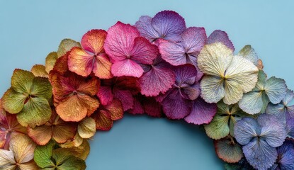 Colorful dried hydrangea petals arranged in a circle on a pastel background