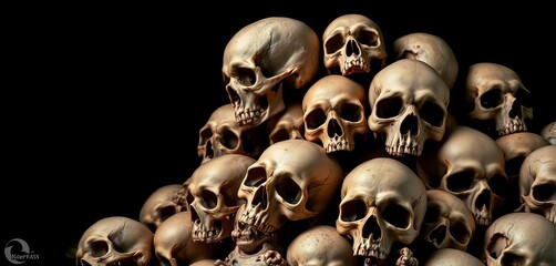 A macabre pile of human skulls, bleached bone against a dark background,  archaeology,  bones
