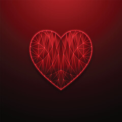 Red polygonal heart with glowing connections on dark background, symbolizing digital love, technology of emotion, and network relationships. Modern futuristic design. Vector EPS10.