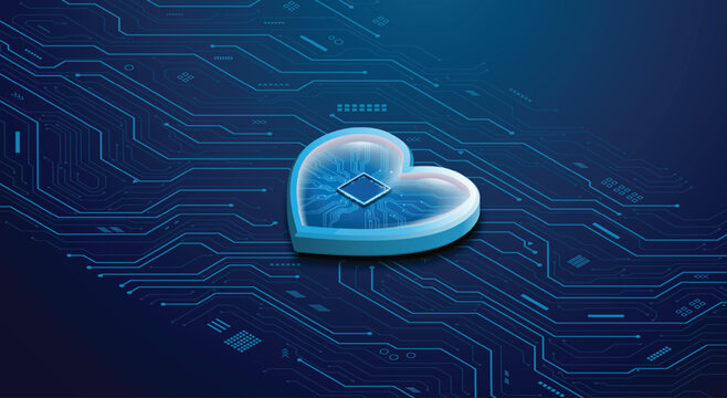 Heart-shaped circuit board with microchip. Symbolizes digital health, AI, and the fusion of technology with biology. Futuristic tech concept. Vector EPS10.