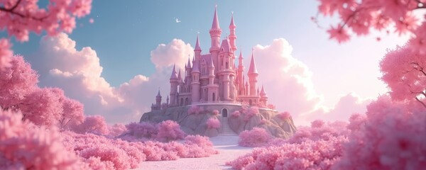 Dreamy pink castle illustration. Fantasy fairytale scene with cherry blossom trees in full bloom. 3D render features pastel colors, soft light, magical glow. Whimsical wonderland, enchanting kingdom,