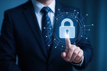 A businessman interacts with a digital lock interface, symbolizing cybersecurity and data protection in a modern, tech-driven environment.