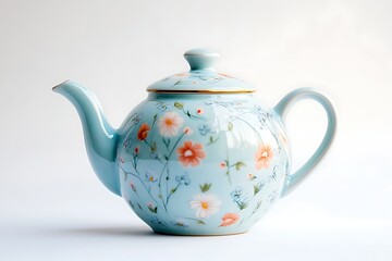 A charming light blue teapot adorned with delicate floral patterns, set against a clean white background, exuding elegance and vintage charm.