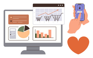 Desktop showing charts, sales graphs, shopping carts hand unlocking mobile orange heart symbol. Ideal for business analytics, online shopping, sales growth, security, data-driven marketing, trends