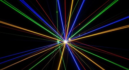 Multicolored laser beams radiate outwards from a central point on a black background.
