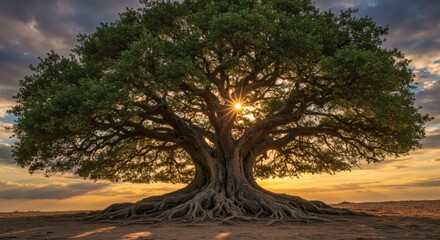 Obraz premium Majestic Oak Tree Sunset Glory.