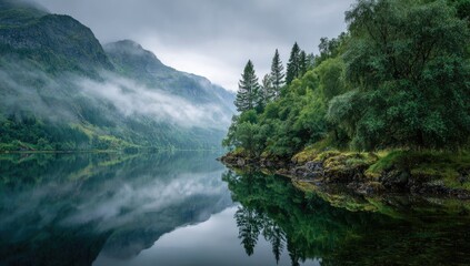 Misty mountain lake landscape