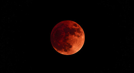 A blood moon during a total lunar eclipse in the dark night sky