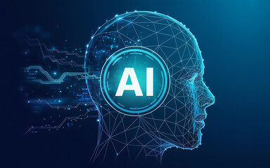 Abstract digital representation of artificial intelligence within a human head silhouette, symbolizing future technology and innovation.