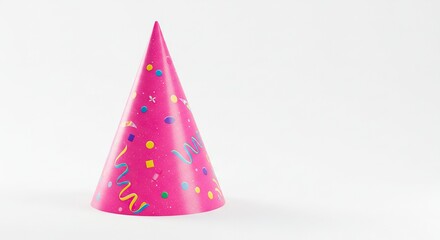 A pink party hat with colorful shapes stands against a white background casting a soft shadow