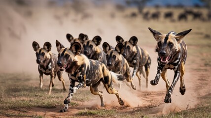 A pack of african wild dogs running through a dusty savanna, kicking up dirt as they move with intensity and focus