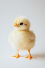 Fototapeta premium A charming close-up of a fluffy yellow chick standing against a clean white background, radiating innocence and springtime charm.