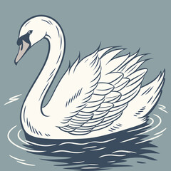 Elegant hand-drawn illustration of a white swan gracefully swimming on water. Vintage style vector artwork with detailed feathers and calm ripples, isolated on a muted blue background. illustration