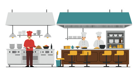 Professional chefs in a busy modern kitchen with cooking equipment and ingredients