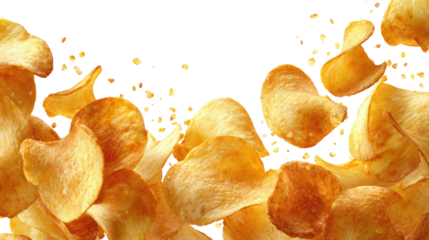 M a 6 wavy potato chips falling dynamically from the top on transparent background