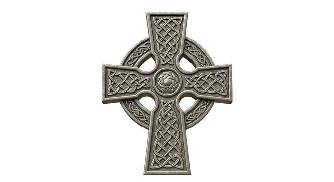 Celtic cross with intricate knot work design symmetrical neutral color on a white backdrop