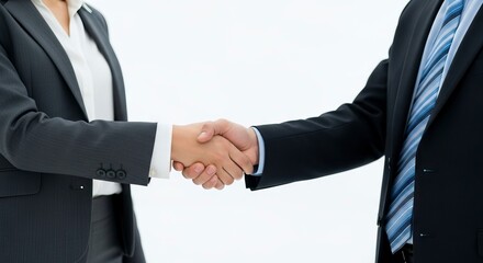 Two business people in suits are shaking hands