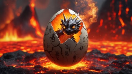 A baby dragon hatching from an egg amidst a fiery volcanic landscape