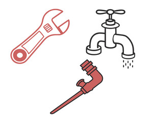 Red adjustable wrench black faucet with dripping water and red pipe fitting tool plumbing