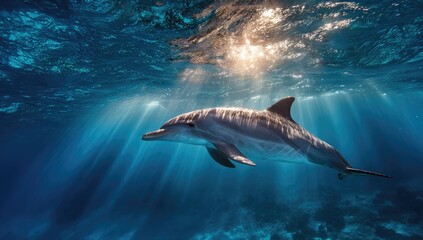 Dolphin swimming underwater, sunbeams