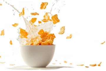Corn flakes cereal with milk splash in white bowl breakfast food photography still life delicious isolated on transparent background