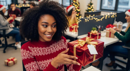 African american woman smiles holding silver gift box. Christmas celebration in office. Holiday corporate gift exchange concept.