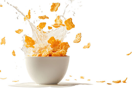Corn flakes cereal with milk splash in white bowl breakfast food photography still life delicious isolated on transparent background