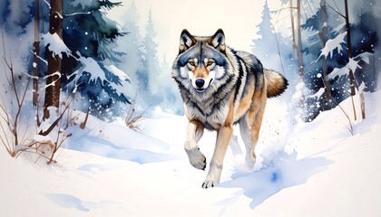 Naklejka premium Majestic wolf runs through a snowy winter forest scene
