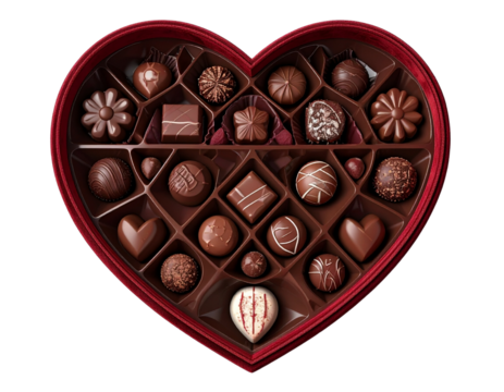 Aerial View Open Velvet Heart Box, Geometric Chocolate Pattern, Transparent BG.