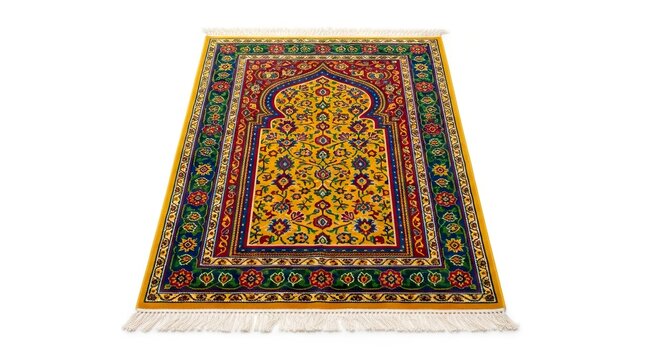 A rectangular prayer rug predominately yellow with intricate floral patterns fringe on both ends on a white background