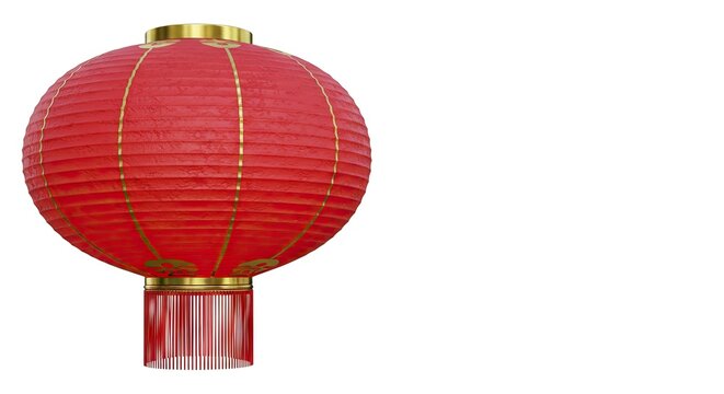 A red round Chinese lantern with gold accents and red tassels on a white background - Powered by Adobe