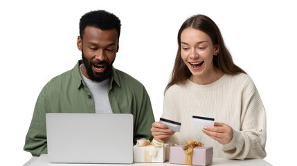 Online Shopping Delight: A joyful couple, immersed in the thrill of online shopping, eyes sparkling as they engage with a laptop and credit card, symbolizing convenience and modern retail experience.