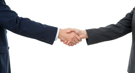 Two suited arms reach out for a handshake against a white background signifying agreement or collaboration