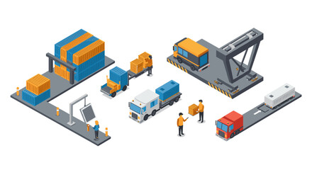 Obraz premium Isometric logistics scene with vehicles, containers, and workers